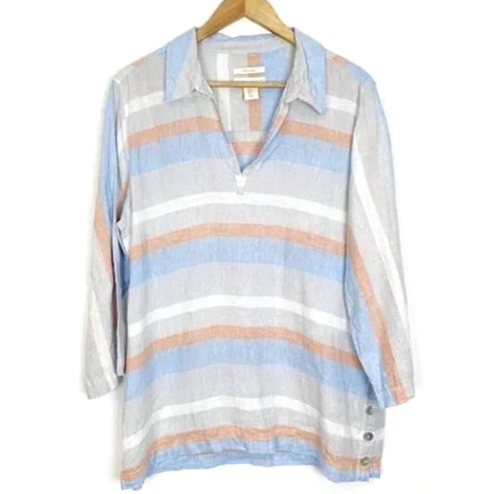 CYNTHIA ROWLEY 100% Linen Oversized Striped Popover Tunic  Coastal Beach  SZ S